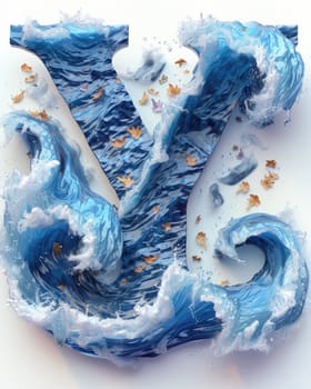 A letter made out of blue and white foam floating amidst the waves of the sea.