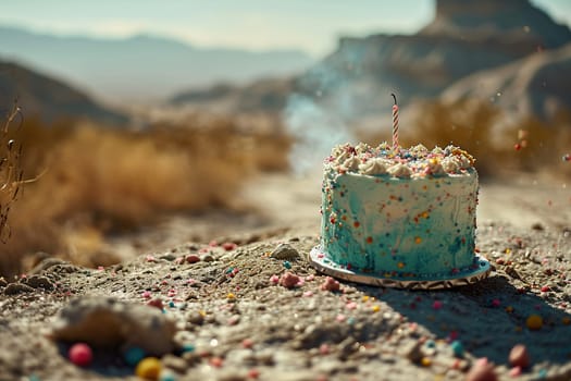 The birthday cake stands on stones against the backdrop of blurred mountains.