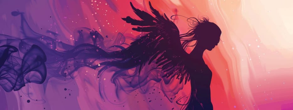 Woman angel silhouette with crumbling wings on a pink and purple background, religion concept