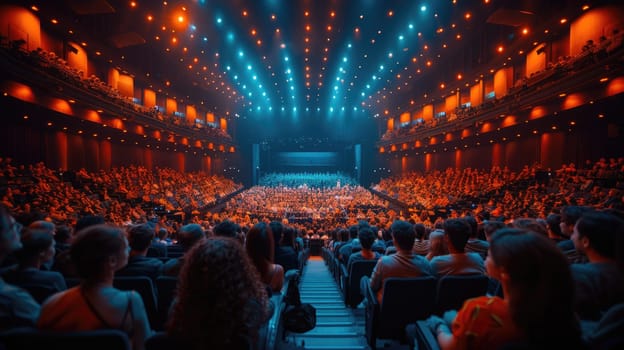 A large auditorium packed with a diverse crowd of individuals sitting and listening attentively.