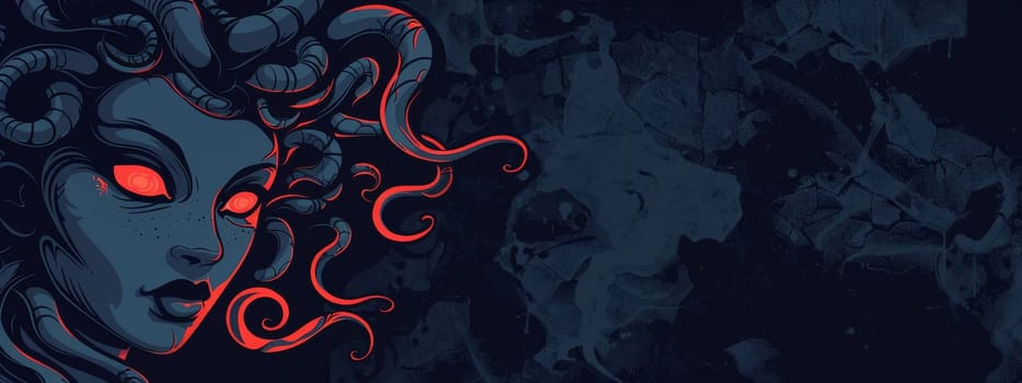 Spooky medusa woman with a red eyes isolated on the dark background with copy space