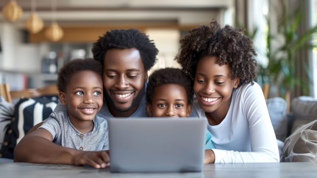 An African American family energetically gathers around a laptop computer, attentively engaging with the digital content on the screen.