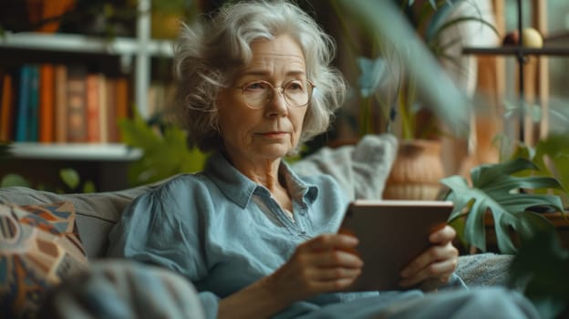 An elderly woman sitting on a couch while holding a tablet device.