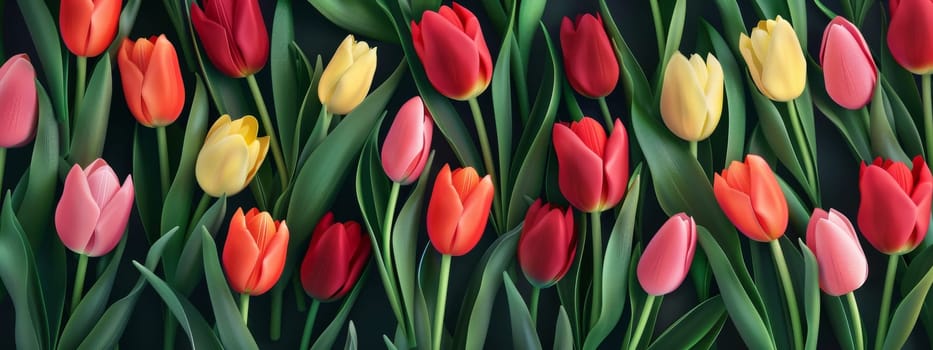 Tulips as a spring background or texture, top view concept