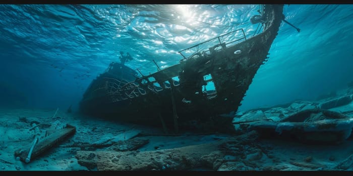 Destroyed shipwreck at a bottom of the ocean underwater