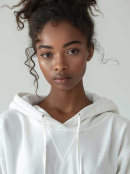 An African American woman wearing a white hoodie looks directly at the camera.