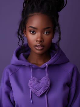 An African American woman wearing a purple hoodie with a heart design on it.