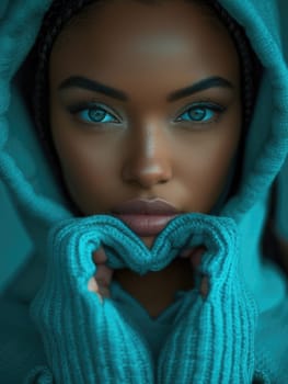 An African American woman with striking blue eyes wearing a cozy blue sweater.