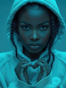 An African American woman stands wearing a hoodie, holding her hands together.