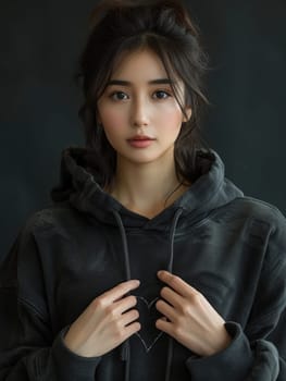 A woman of Asian descent wearing a black hoodie strikes a pose for a photo.