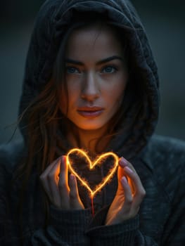 A woman gently holds a heart-shaped object in her hands, showcasing her affection and care.