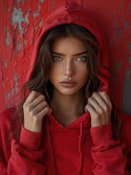 A woman wearing a red hoodie strikes a pose as she poses for a photograph.