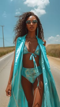 An African American woman confidently walks down a road wearing a bikini and cape.