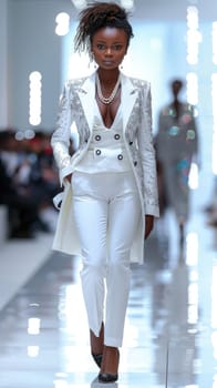An African American woman confidently walks down a fashion runway, showcasing a stylish white suit.