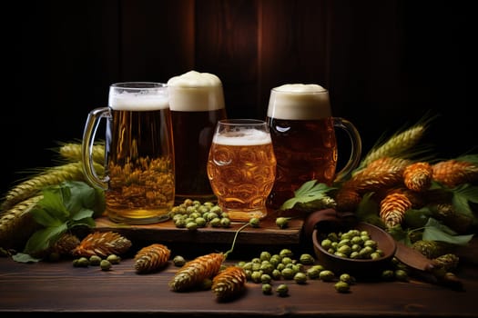Three stemmed glasses with beer on a wooden table. Hop sprouts are scattered on the table.