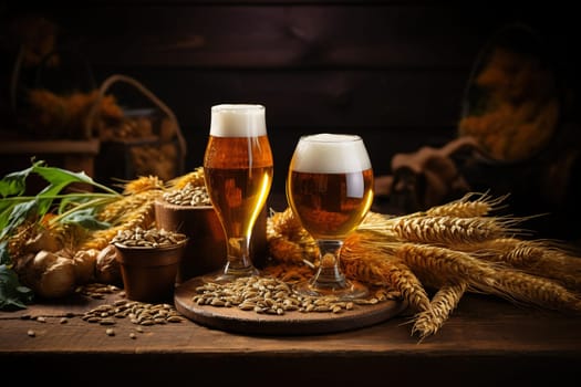 Two glasses of beer on a wooden table with ears of wheat.