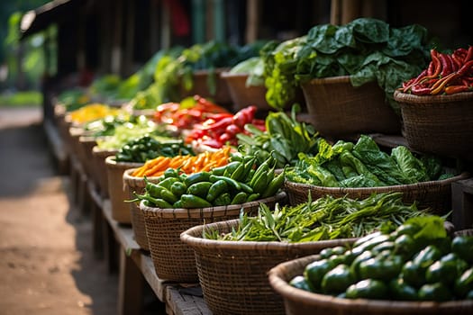 Vegetable market with wooden rows full of various vegetables.