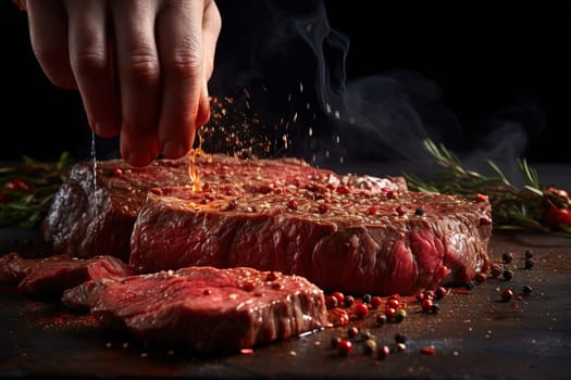 Fingers sprinkle seasoning on cooked beef steak close-up. Photography in motion.
