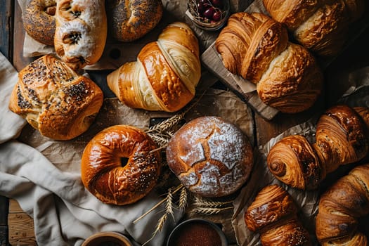 A set of delicious fresh buns on parchment close-up.