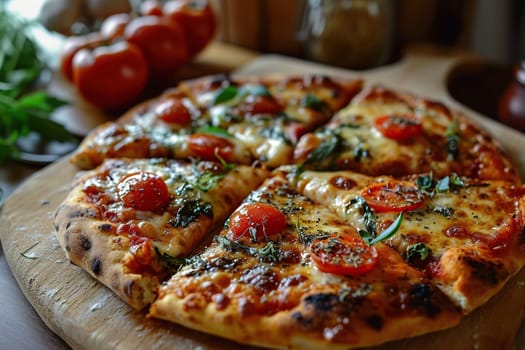 Large vegetarian pizza with cherry tomatoes and herbs on a wooden tray.