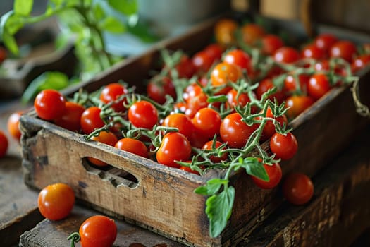 Harvest of ripe red cherry tomatoes in a wooden box.