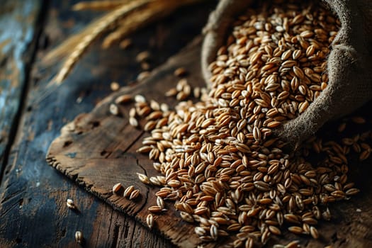 A pile of grain with ears on a wooden surface, top view.