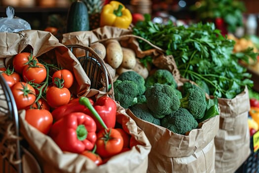 Ripe vegetables and herbs on a wooden counter at a vegetable market.