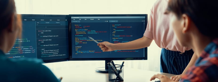 Closeup skilled young female programer present program coding and sharing programing idea while manager listening carefully.at modern office company. Java script, web design concept. Burgeoning.