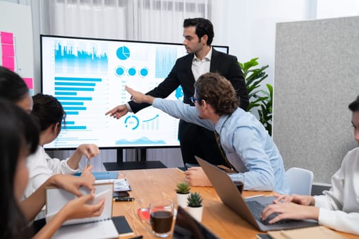 Businessman deliver business presentation with financial report data analysis or market trend show on big TV screen for strategic planing in meeting room for company future direction. Habiliment