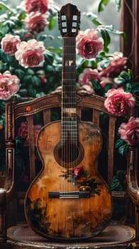 A guitar is placed on a wooden chair, encircled by pink roses. The beautiful combination of the musical instrument and flowers creates a peaceful ambiance