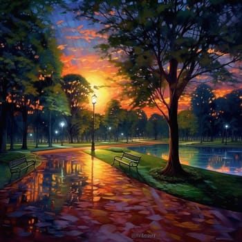 Autumn evening in a park with colorful foliage, wet path reflecting lights, serene atmosphere.