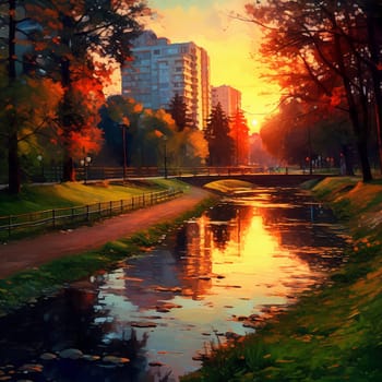 Sunset over a tranquil river flowing through a colorful autumn park with urban backdrop.