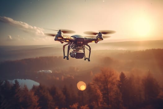 A drone flying at sunset with a camera over a forest
