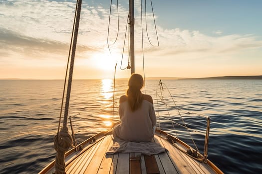 Woman sitting on sailboat enjoying sunset over ocean