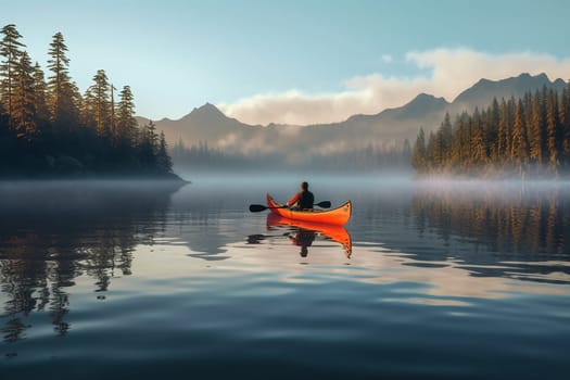 A person paddling a canoe in a misty, serene lake surrounded by mountains and forest at sunrise.