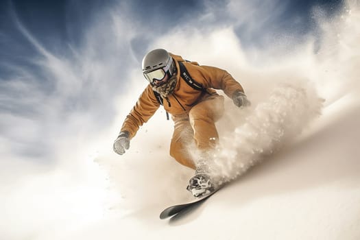 Snowboarder carving through fresh snow on a sunny day