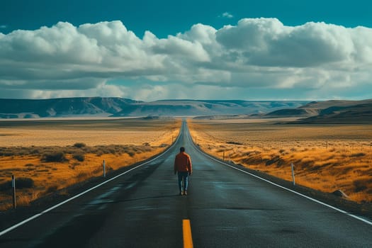A person walking alone on an empty highway through a scenic desert landscape.