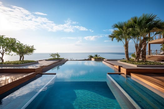 Luxurious infinity pool overlooking the ocean flanked by palms and a modern villa.
