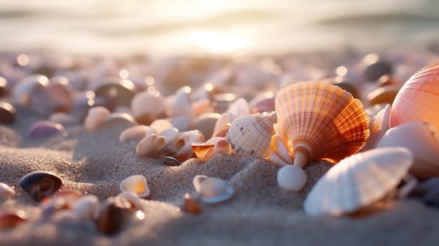 Seashells on sandy beach at sunrise.