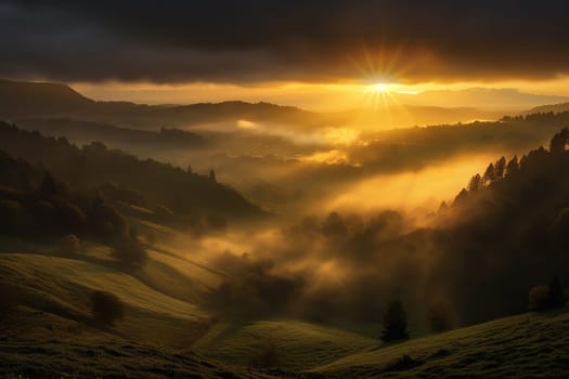 Sunrise piercing through mist over rolling hills, creating a dramatic and warm landscape scene.