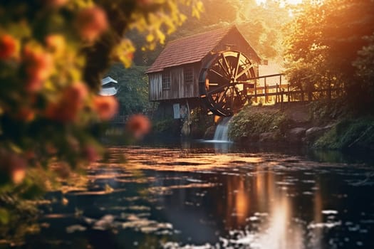 Idyllic watermill by a tranquil stream at sunset.