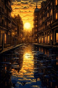 Stylized artwork of a sunset over a canal in a city with reflections and vibrant colors.