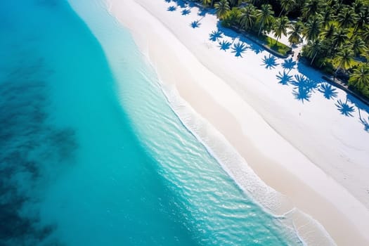 Aerial view of a tropical beach with clear blue water and lush palm trees.