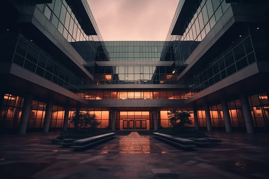 Symmetrical view of a modern building entrance at dusk.