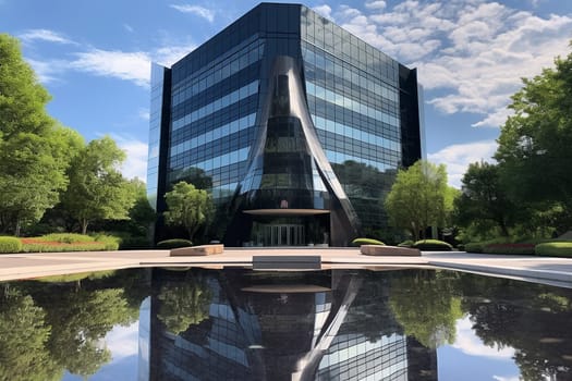 Modern office building with reflective glass facade and surrounding greenery.