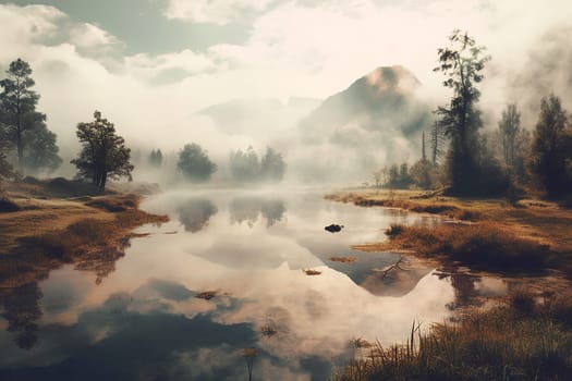 Tranquil lake with reflections amid misty mountains and serene nature.