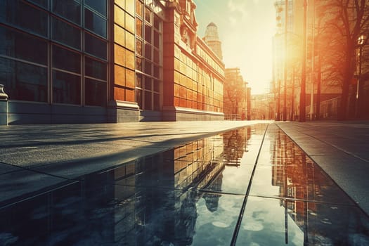 Sunrise over a city street with reflections on wet pavement