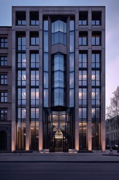 Modern building facade with glass and geometric features at twilight.