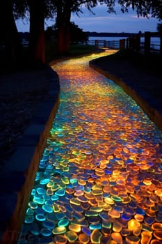 Colorful lights illuminate a winding path at night creating a magical atmosphere.