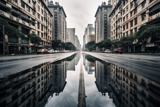 Symmetrical urban street reflection in a puddle.